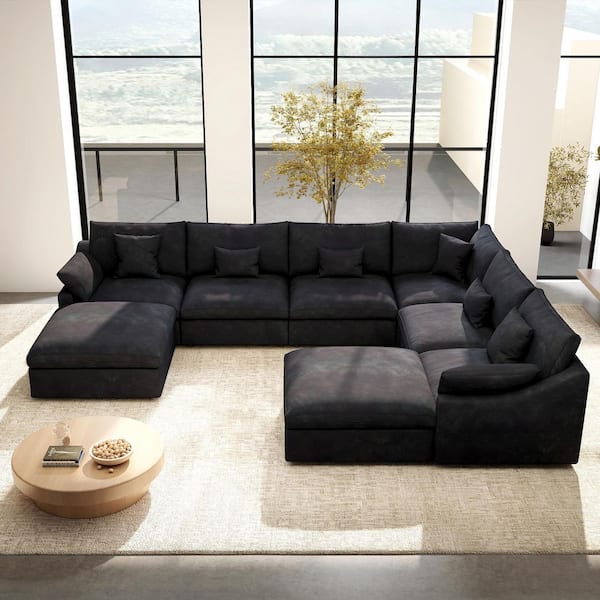 Large 156 in. Down Filled Linen Modular Sectional Sofa Pine Wood U-shaped Couch with Ottomans, Washable Covers in Black