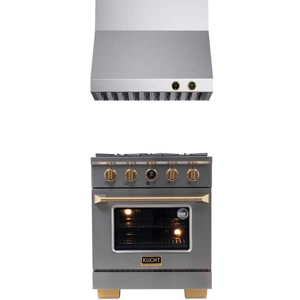 Kucht 30 in. 4.2 cu. ft. 4 Burners Dual Fuel Range for Propane Gas in Stainless Steel and Gold + Wall Mount Range Hood