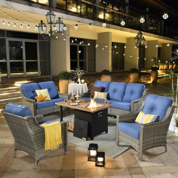 XIZZI Crius Gray 5-Piece Wicker Patio Rectangular Fire Pit Set with Blue Cushions