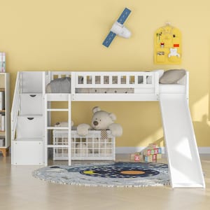 White Twin Size with Slide, Wood Kid Loft Bed with Stairs and Built-in Ladder, No Box Spring Needed