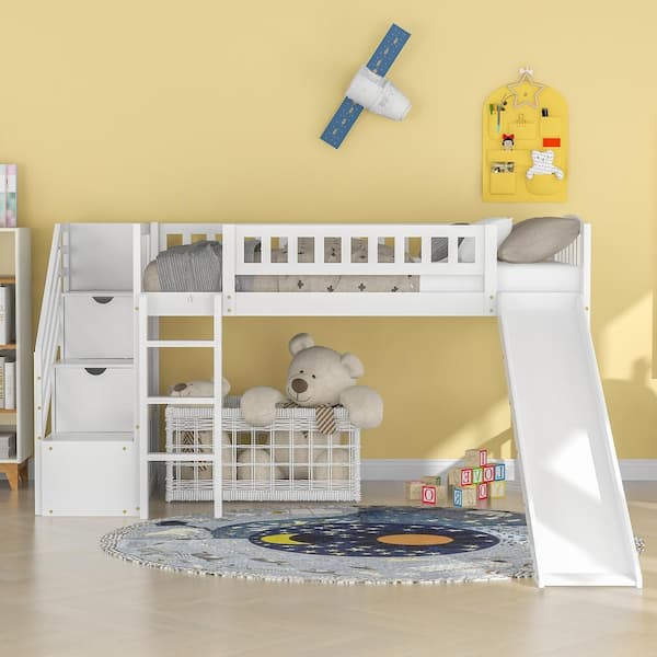ANBAZAR White Twin Size with Slide, Wood Kid Loft Bed with Stairs and Built-in Ladder, No Box Spring Needed
