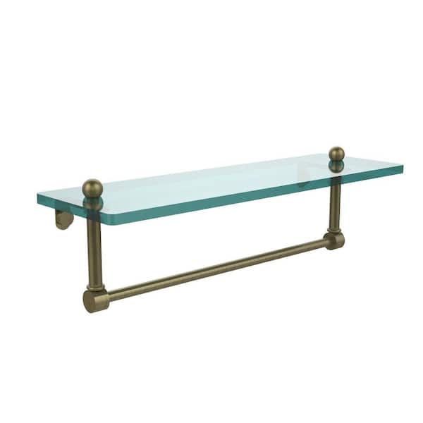 Allied Brass 16 in. L x 5 in. H x 5 in. W Clear Glass Vanity Bathroom Shelf with Integrated Towel Bar in Antique Brass