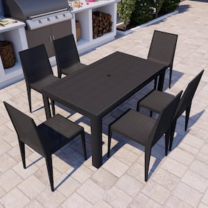 Mace Modern 7-Pcs Patio Dining Set with Stackable Plastic Dining Chairs and Rectangular Dining Table (Black)