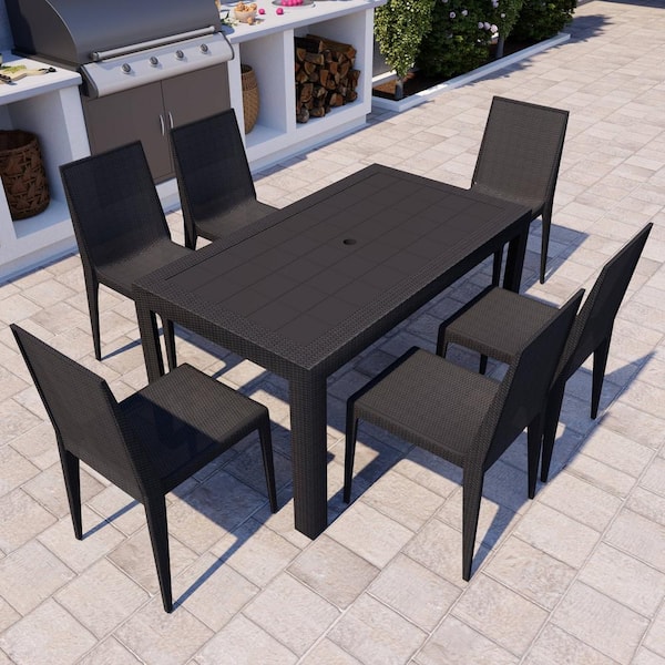 Leisuremod Mace Modern 7-Pcs Patio Dining Set with Stackable Plastic Dining Chairs and Rectangular Dining Table (Black)