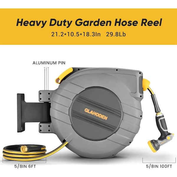 5/8 in. Dia x 100 ft. Heavy-Duty Retractable Garden Hose with Automatic Hose Reel Wall Mount and 9-Spray Modes Nozzle