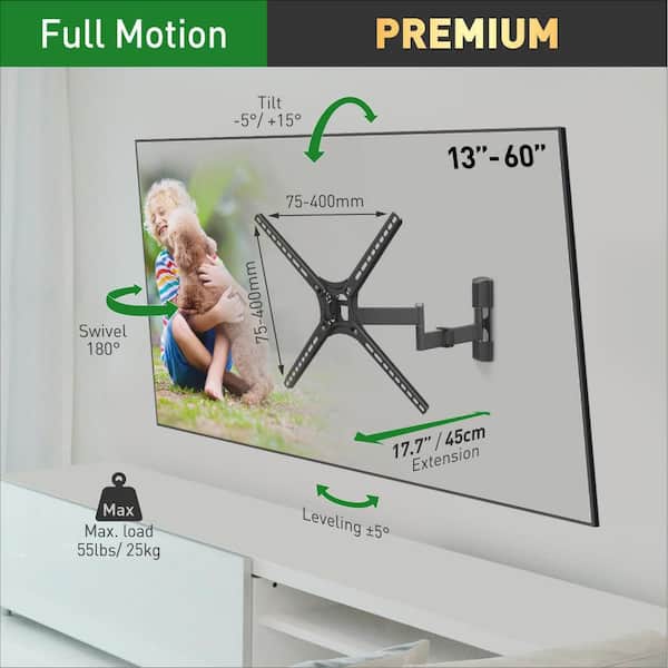 Barkan 29" to 56" Full Motion - 4 Movement Flat / Curved TV Wall Mount, Black, Patented, Touch & Tilt, Screen Leveling