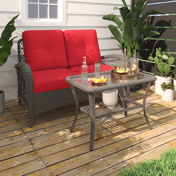 INMITOM 2-Piece Wicker Patio Conversation Set with Red Cushions-Ergonomic Design for Ultimate Comfort