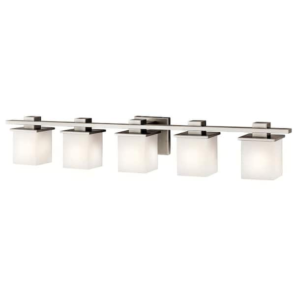 Tully 40.25 in. 5-Light Antique Pewter Contemporary Bathroom Vanity Light with Etched Glass Shade