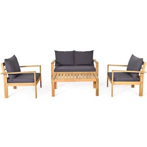 4-Piece Wood Outdoor Sectional Set Conversation Sofa Table Furniture Set with Grey Cushions