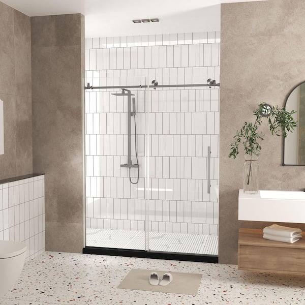 Ulrix 60 in. W x 76 in. H Sliding Frameless Shower Door in Brushed Nickel with Clear Tempered Glass