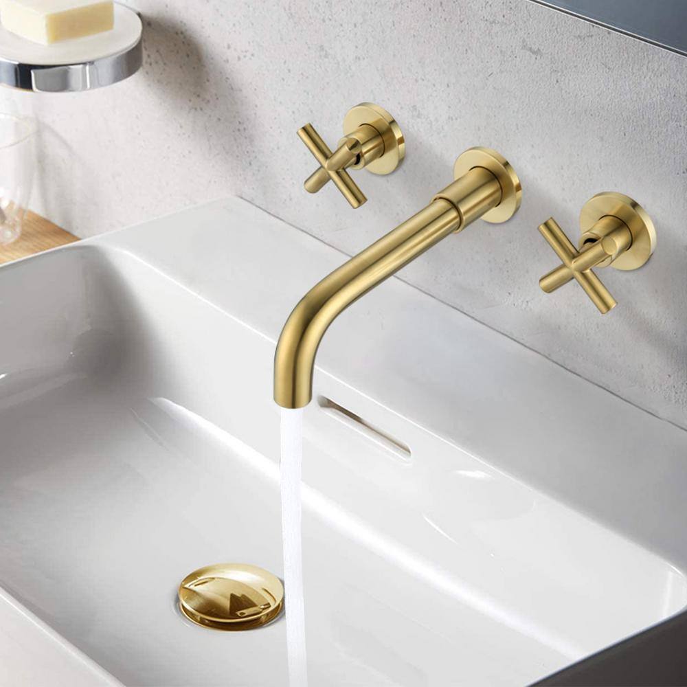 Brushed Gold Brass Wall-Mounted Double Handle Faucet