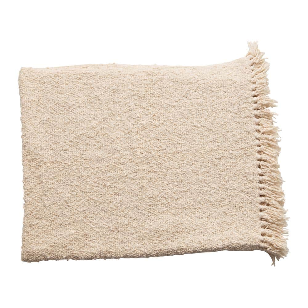 Cream Cotton Blend Boucle Throw with Fringe