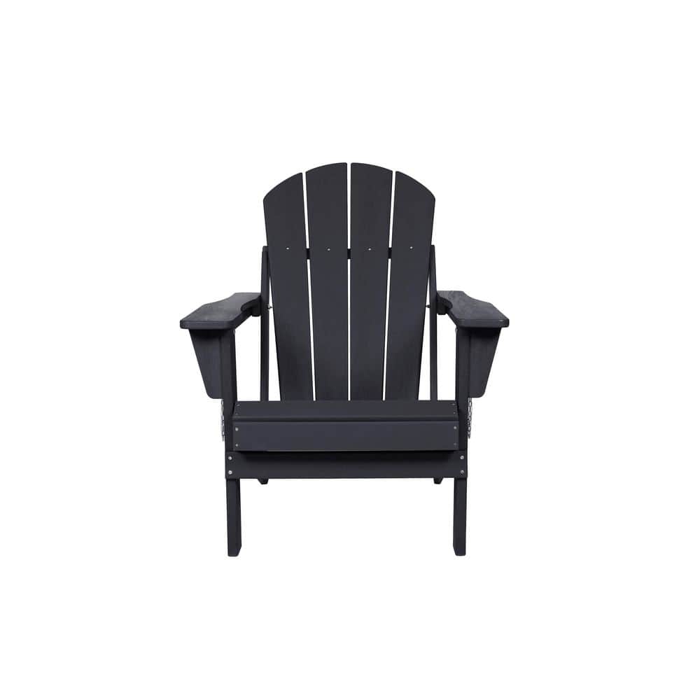 Folding Black Adirondack Chair with Dual Cup Holders-Composite with Texture