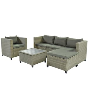 Nayra 5 -Piece Gray and Brown Wicker Patio Outdoor Sectional Sofa Set with Coffee Table and Cushions
