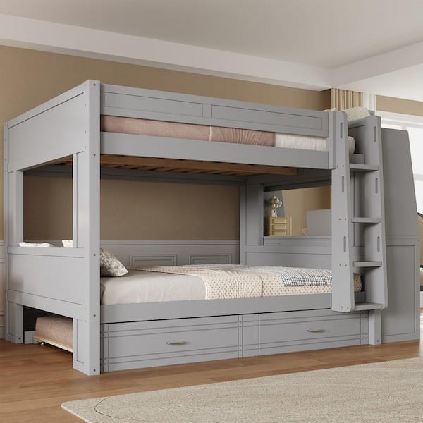 Fergus Gray Wood Frame Full Over Full Multifunctional Bunk Bed with Trundle, Desk, Bookshelves