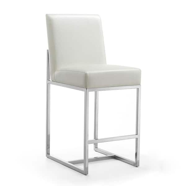 Manhattan Comfort Element 37.2 in. Pearl White and Polished Chrome High Back Stainless Steel Counter Height Bar Stool