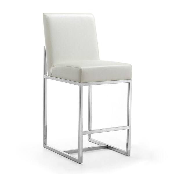 Manhattan Comfort Element 37.2 in. Pearl White and Polished Chrome High Back Stainless Steel Counter Height Bar Stool