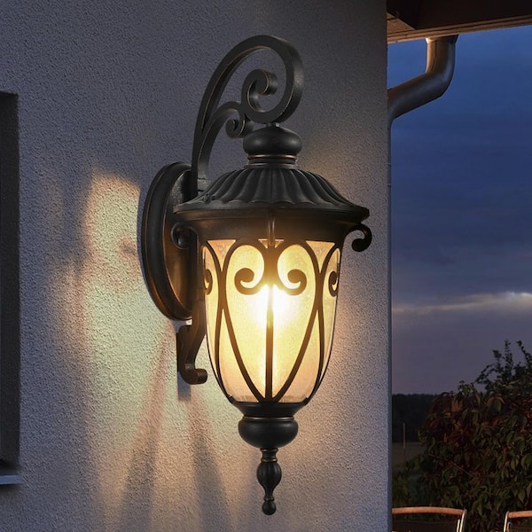 23 in. 1-Light Black Outdoor Weather Resistant Aluminum Wall Light Lantern Sconce with Bubble Glass, No Bulb Included