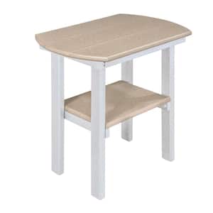 Poly White Oval Plastic Resin Outdoor Side Table with Weatherwood Colored Shelves
