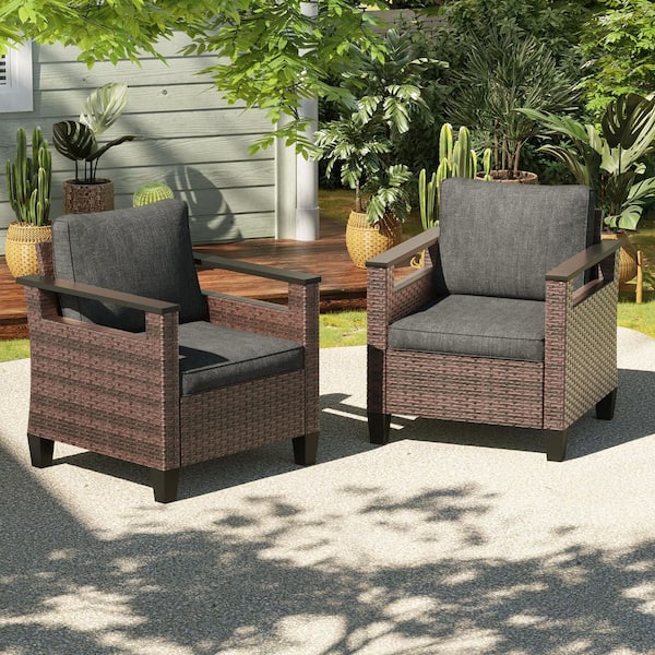 2-Pieces Brown PE Wicker All Weather Patio Conversation Chairs Set with Thick Black Cushions
