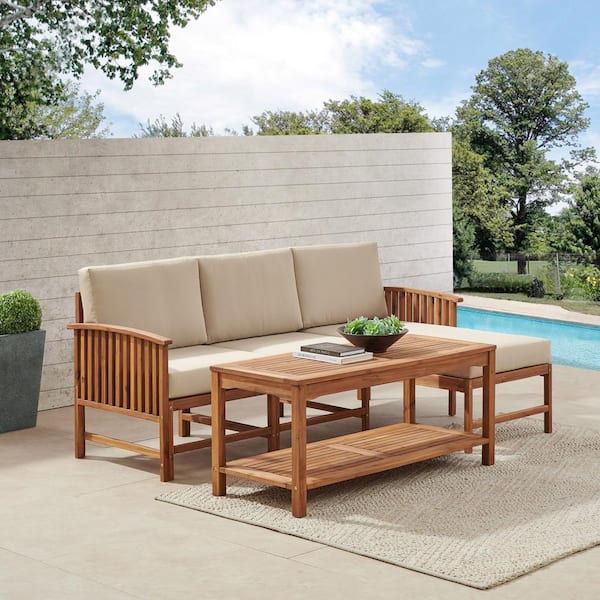 Walker Edison Furniture Company Brown 4-Piece Acacia Classic Patio Sectional Seating Conversation Set with Ivory Cushions