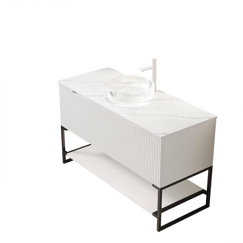 48 in. Freestanding White Bath Vanity with Carrara White Sintered Stone Top and Transparent Round Glass Basin price history on PriceWatchPro