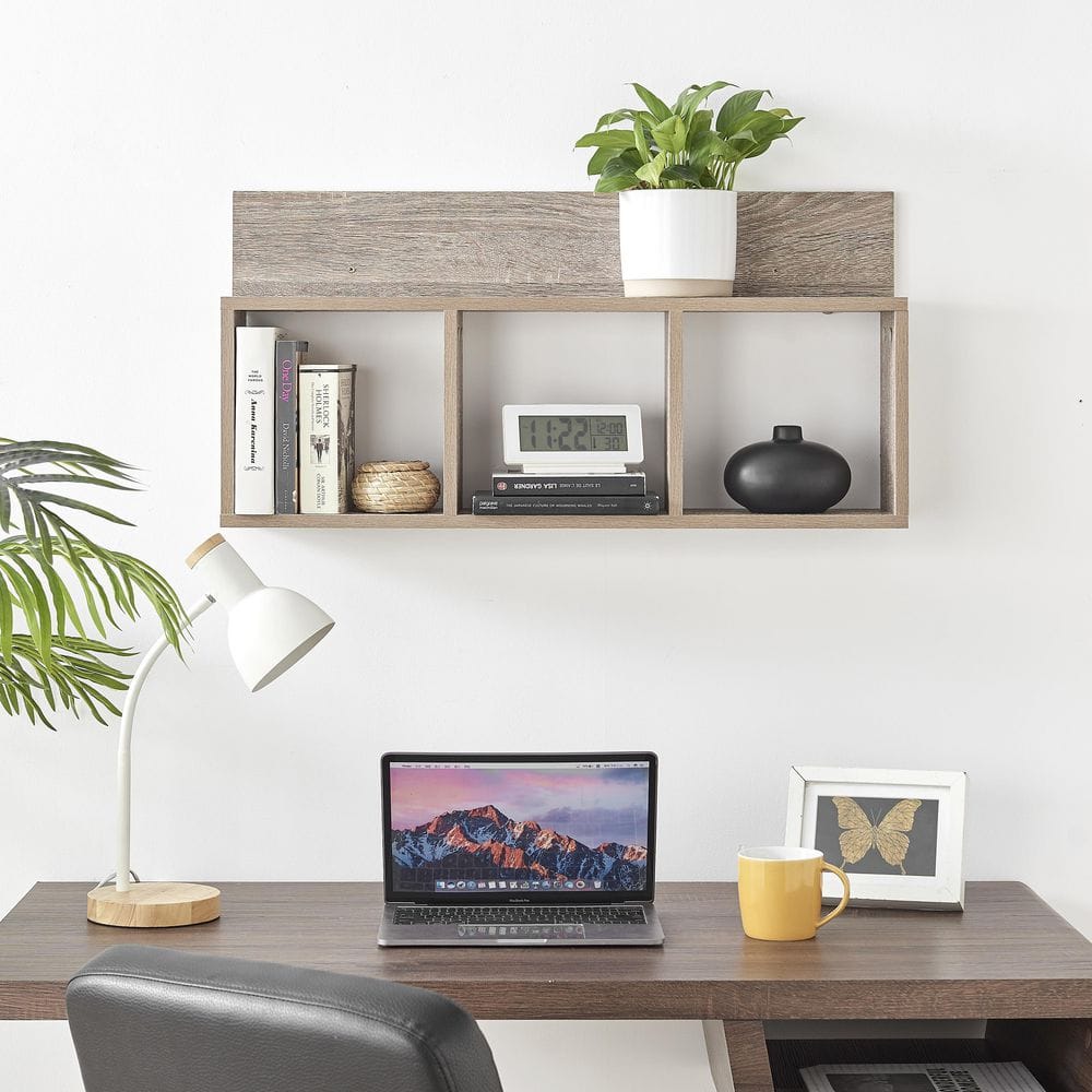 Weathered Oak 3-Cube Floating Wall Shelf with Display Ledge