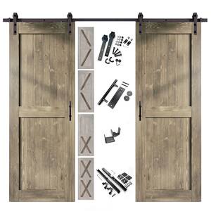36 in. x 80 in. 5-in-1 Design Classic Gray Double Pine Wood Interior Sliding Barn Door with Hardware Kit, Non-Bypass