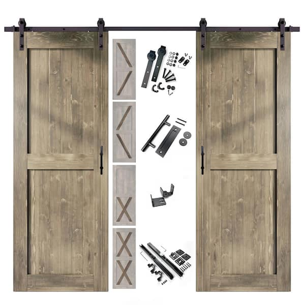 HOMACER 36 in. x 80 in. 5-in-1 Design Classic Gray Double Pine Wood Interior Sliding Barn Door with Hardware Kit, Non-Bypass