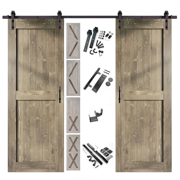 HOMACER 40 in. x 80 in. 5-in-1 Design Classic Gray Double Pine Wood Interior Sliding Barn Door with Hardware Kit, Non-Bypass