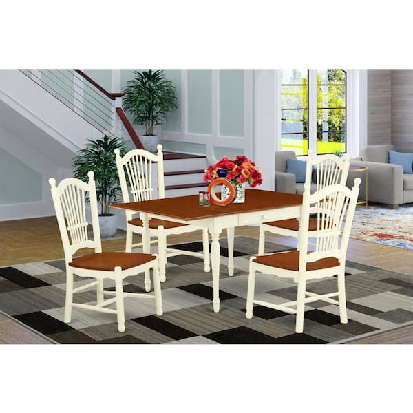 East West Furniture 5-Piece Buttermilk and Cherry Solid Wood Top - Dining Room Set with Dropleaf - Seats 4