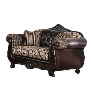 38 in. Brown and Beige Solid Print Fabric 2-Seater Loveseat with Button Tufted Backrest