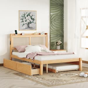 Walnut Brown Wood Frame Queen Platform Bed with Rattan Headboard and Sockets