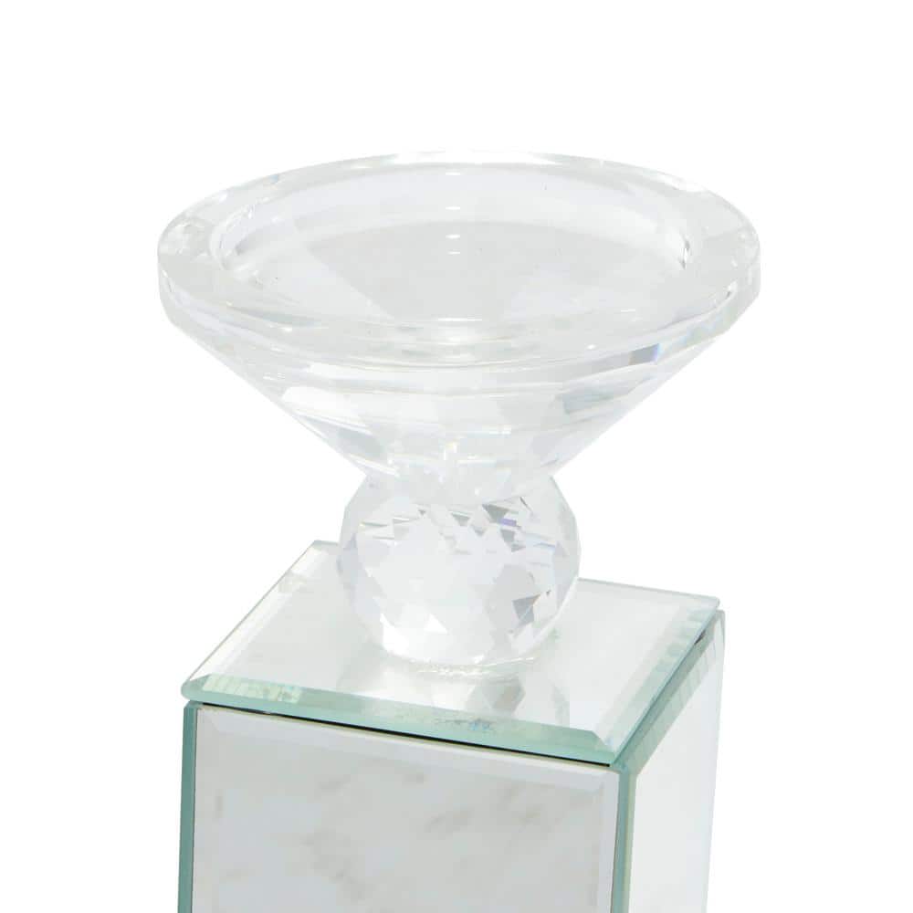 Silver Mirrored Glass and Wood Pillar Candle Holder