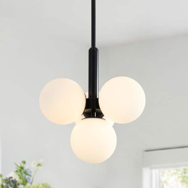 4-Light Black Mid Century Milk White Globe Glass Shade Pendant Light Height Adjustable Chandelier for Dining Room