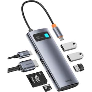 USB C Hub, 4K 60Hz HDMI USB C Docking Station, 7 in 1 USB Hub with 3 USB-A 5Gbps, PD 100-Watt, TF/SD Card Reader in Gray
