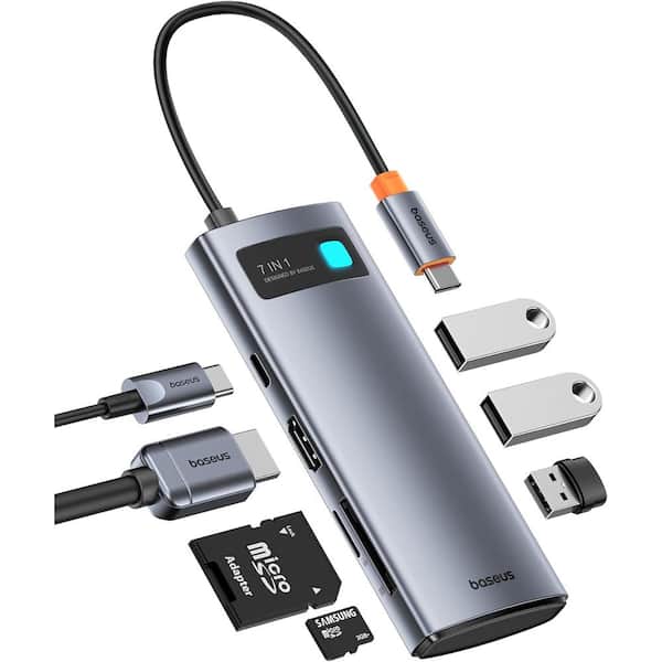 Etokfoks USB C Hub, 4K 60Hz HDMI USB C Docking Station, 7 in 1 USB Hub with 3 USB-A 5Gbps, PD 100-Watt, TF/SD Card Reader in Gray