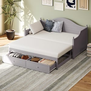 Extendable Design Light Gray Twin Size Wood Daybed with Extended Pop Up Trundle and Storage Drawers