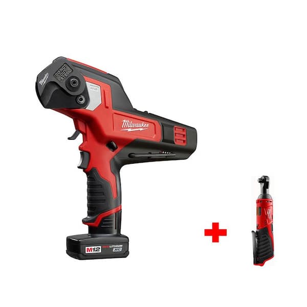 Milwaukee M12 12V Lithium-Ion Cordless 600 MCM Cable Cutter Kit with M12 3/8 in. Ratchet (Tool-Only)