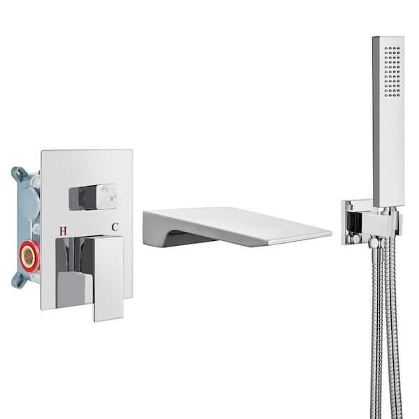 Unbranded Single-Handle Wall Mount Roman Tub Faucet with Hand Shower and Waterfall in Chrome Polish