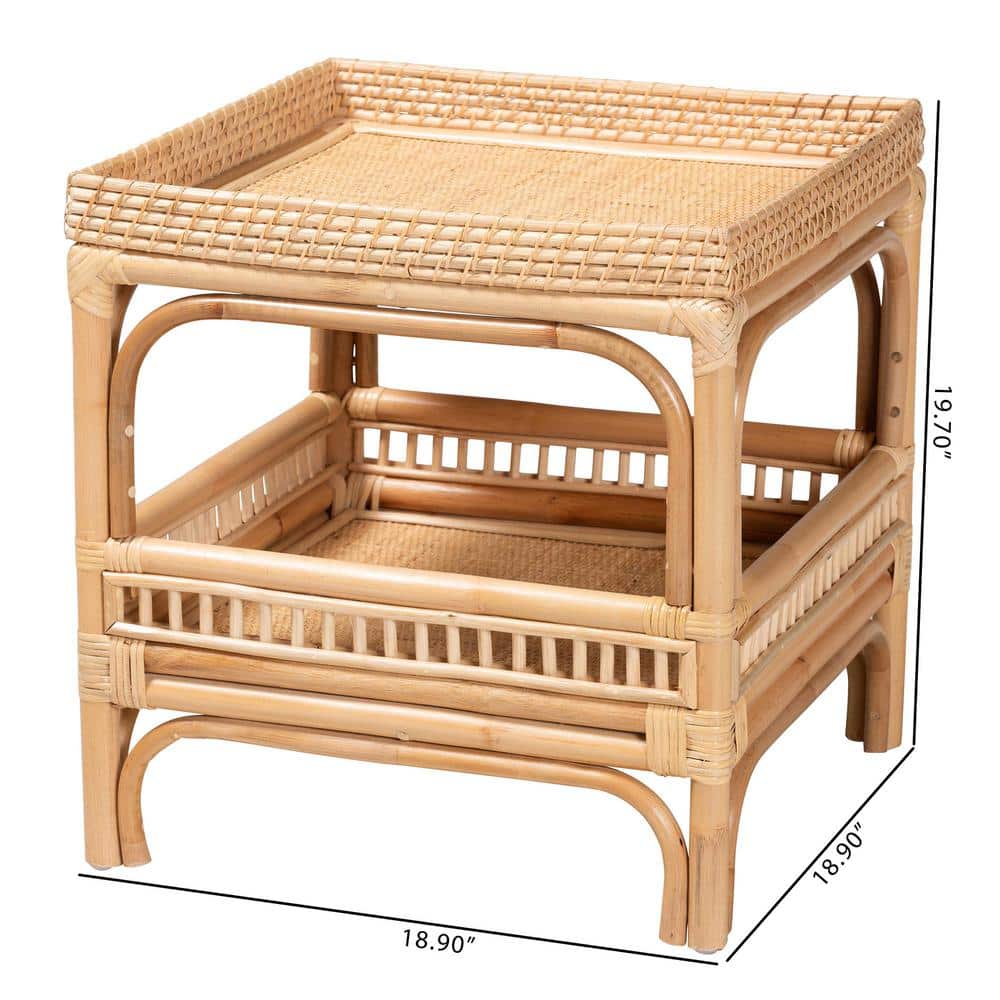 Natural Rattan Bohemian Square End Table with Shelf