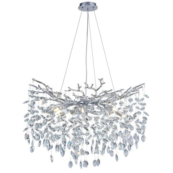 PUYRNF 10-light 30 in. Crystal Silver Tree Branches Dimmable Chandelier Living Room,High Ceiling,Foyer,Entryway,Kitchen Island
