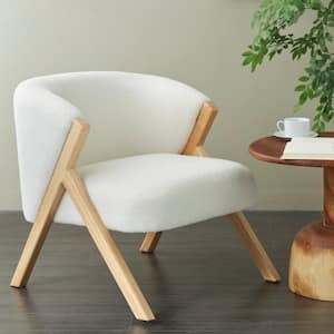 White Rounded Boucle Polyester Accent Chair with Angled Wooden Legs