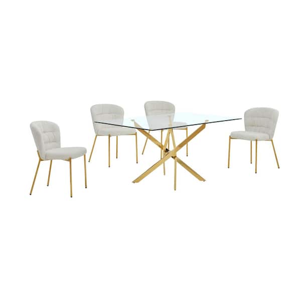 Best Quality Furniture Olly 5-Piece Clear Glass Top Gold Chrome Iron Legs Dining Set with 4 Cream Chairs
