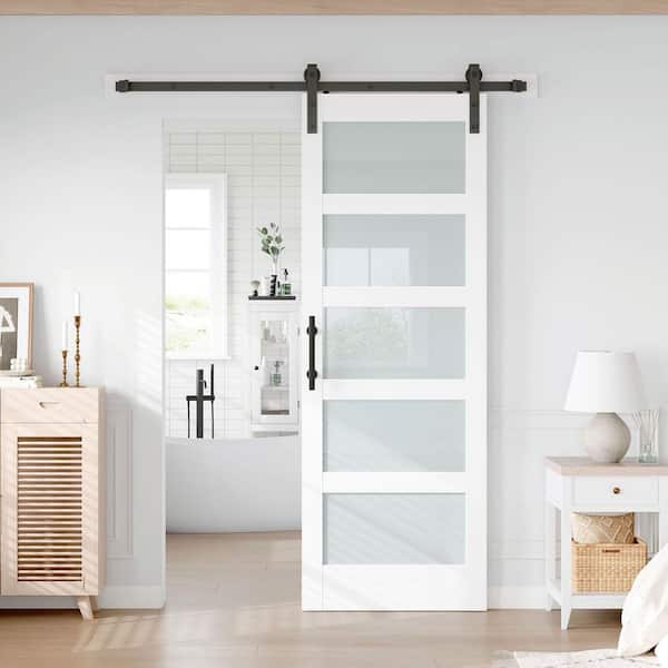 32 in. x 80 in. 5-Lite Frosted Glass White Finished MDF Sliding Barn Door with Hardware Kit