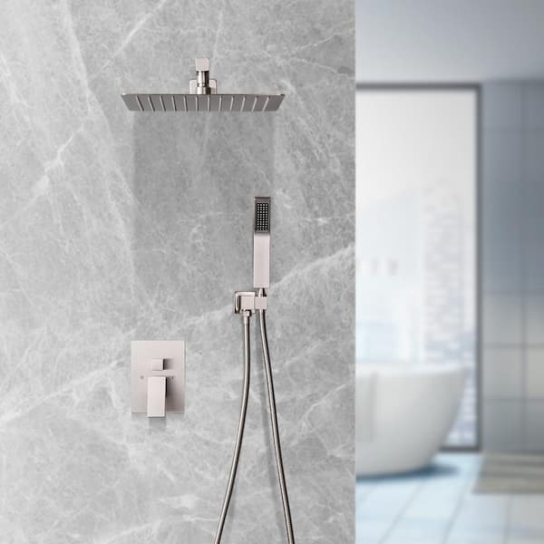 12in. Single Handle 2-Spray Shower Faucet Handheld Combo with Valve 1.8GPM Adjustable Dual Shower Head in Brushed Nickel