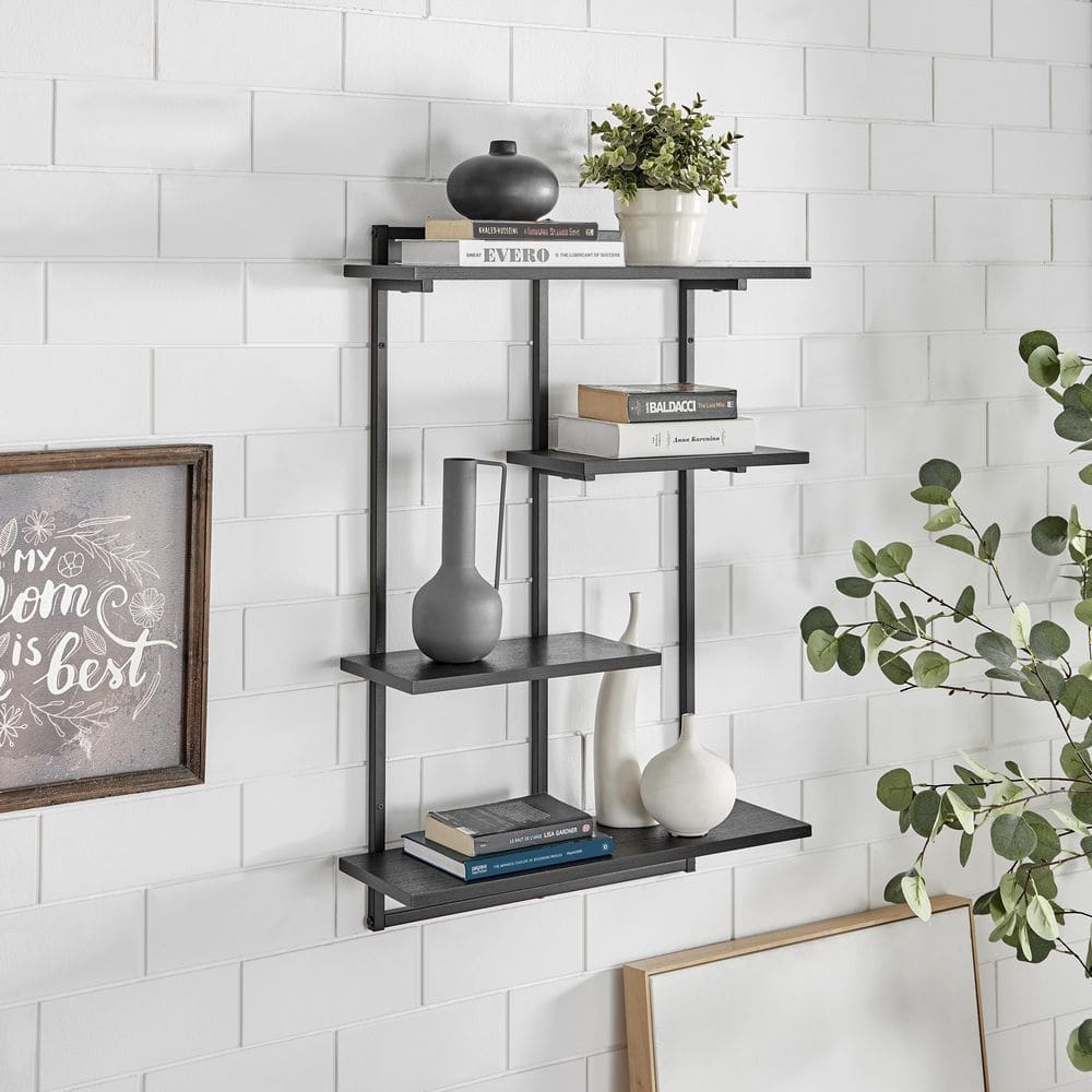 Rhodes Black Iron and Wood 4-Tier Floating Wall Shelf Unit