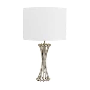 30 in. Polished Silver Hardwired LED Slender Metal Table Lamp with Classic White Linen Shade