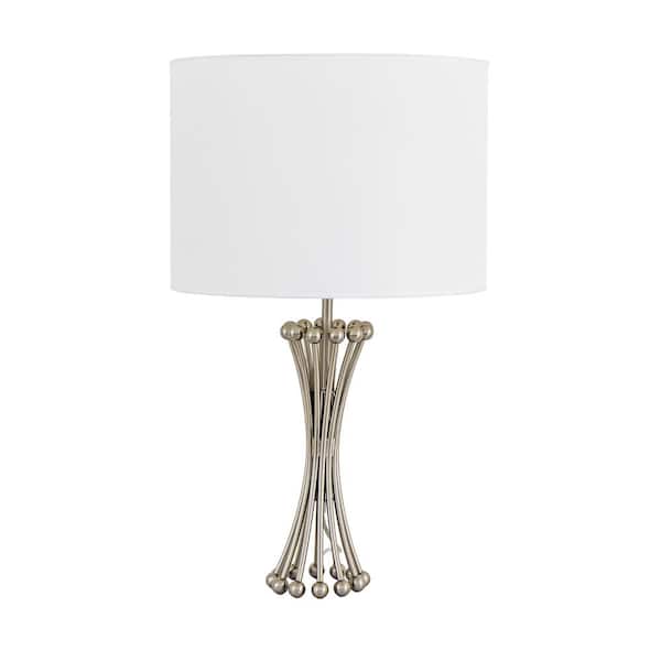 Yosemite Home Decor 30 in. Polished Silver Hardwired LED Slender Metal Table Lamp with Classic White Linen Shade