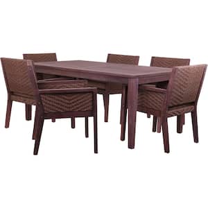 7-Piece Wood Rectangle Outdoor Dining Set with Sunbrella Beige Cushions Buena Vista II Collection Rustic Taupe, Brown